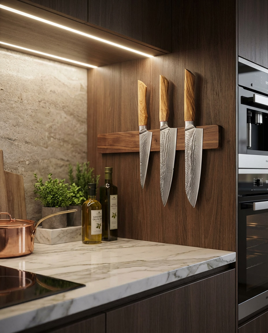 Olive wood damaškový sada nůž  01